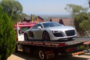 Towing an Audi R8 on one of our car towing trucks
