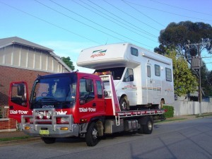 Dial-a-Tow transporting a caravan purchased by a Melbourne family from an Adelaide-based seller